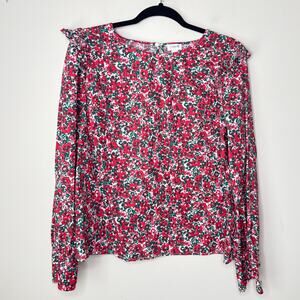 J.Crew Cotton-Blend Poplin Ruffle Floral Long Sleeve Top XL Button Cuff Stretchy